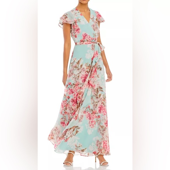 Eliza J Dresses & Skirts - Eliza J Floral Wrap Midi Dress in Aqua blue and pink